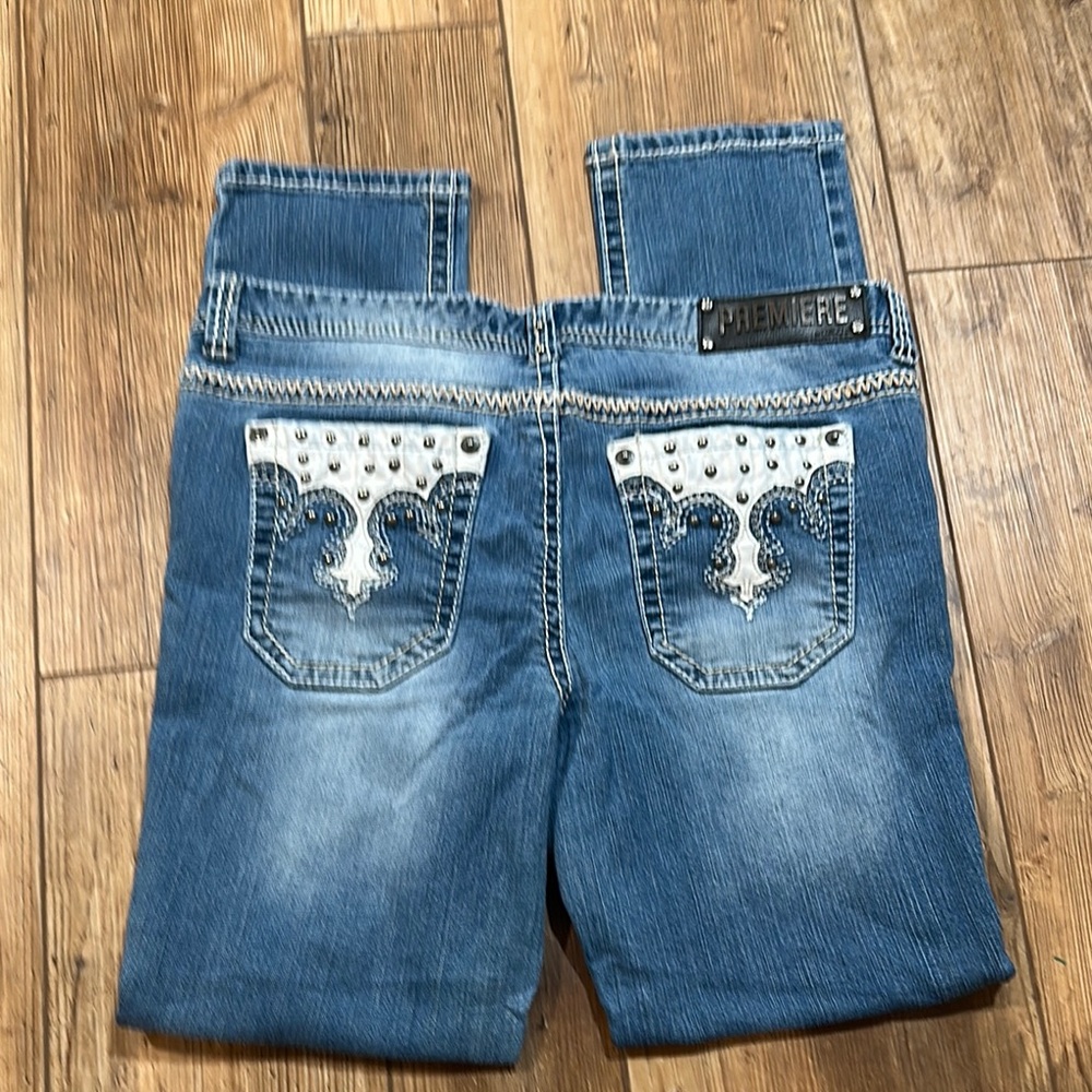Blue Denim Jeans with White Embellished Pockets